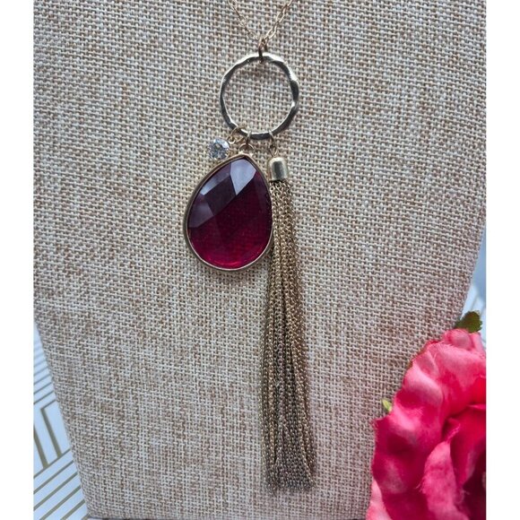 Veronese Signed Gold Tone Tassel Red Teardrop & Crystal Pendant Necklace 32" - Picture 3 of 11